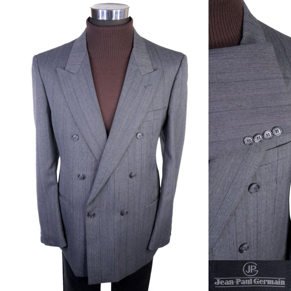 VTG Jean Paul Germain 44R Brown Stripe Wool Blend Double Breasted Suit Jacket